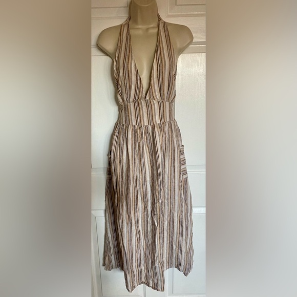 Indigo Rein Midi Dress Linen Brown Beige Stripe Halter V Neck Boho Size Small - Picture 2 of 6